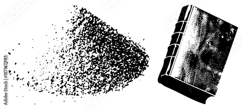 Vintage Book Disintegrating into Scattered Ink Fragments