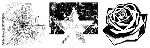 Intricate Spiderweb, Weathered Star, and Geometric Rose in Halftone Vector Design
