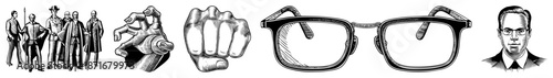 Vintage Illustration of Historical Figures, Hand Gestures, and Eyewear