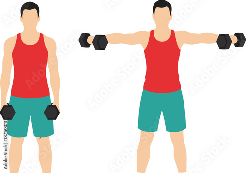 Vector Illustration of a Man Performing Dumbbell Lateral Raises for Shoulder Strength and Bodybuilding Fitness Training Routine