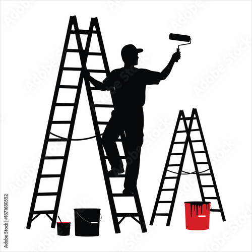 A man painting a picture of a man on a ladder silhouette