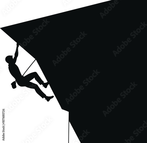 Vector Illustration of a Male Rock Climber Silhouette Scaling a Steep Mountain Cliff for Extreme Outdoor Sports Concept