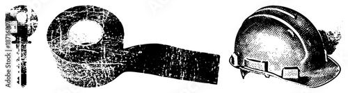 Vintage Key, Pipe Wrench, and Hard Hat in Grunge Halftone Vector Set