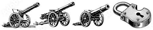 Vintage Cannon Artillery and Padlock Security Symbols
