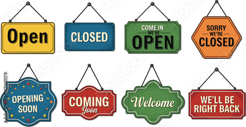 Vector Illustration Set of Colorful Hanging Business Signs Including Open Closed Welcome and Coming Soon for Retail Stores