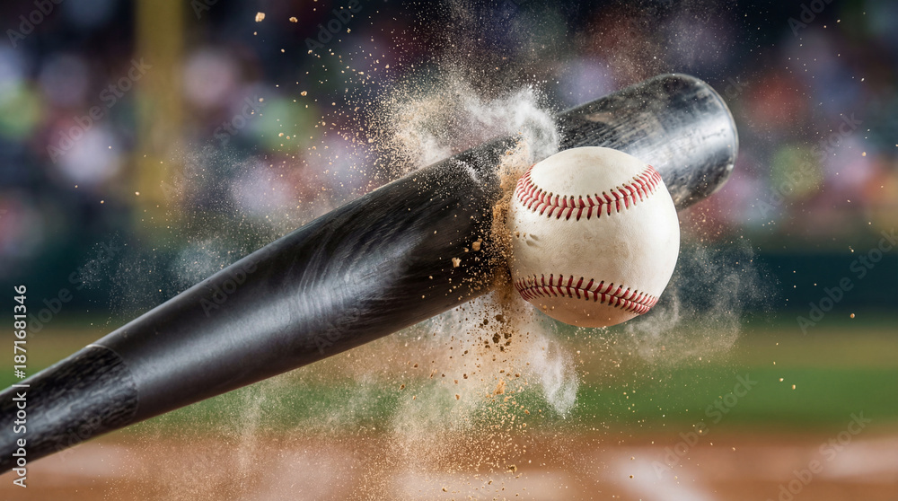 Naklejka premium Dynamic close-up of a baseball bat hitting a baseball with dust and energy. Captures motion and impact in a vibrant sports scene. Image made using Generative AI.
