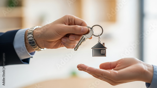 Handing Over House Keys – Real Estate Deal Closing and New Home Property Ownership Concept