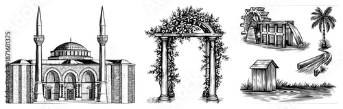 Ornate Islamic Mosque with Minarets and Entryway