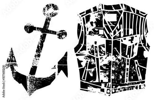 Vintage Anchor and Ship Wheel Graphic Set with Distressed Texture