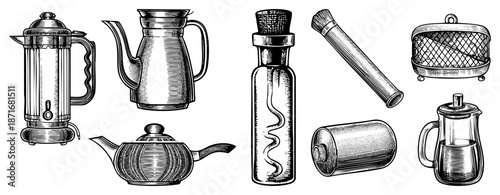 Vintage Coffee & Tea Brewing Tools Illustrated in Classic Art