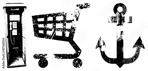 Vintage Phone Booth, Shopping Cart, and Anchor in Grunge Style