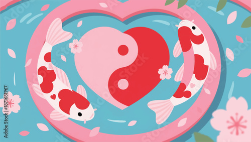 Illustration Of Two Koi Fish Swimming In A Circle Forming A Heart-Shaped Yin Yang Symbol, Cherry Blossom Petals Falling Vector Design Template