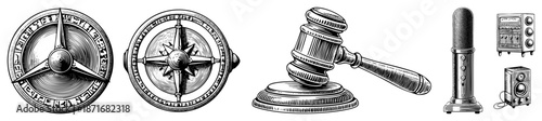 Vintage Compasses, Gavel, Microphone, and Equipment Vector Set