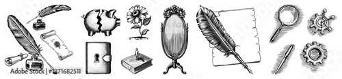 Vintage Stationery & Symbolic Objects in Classic Engraved Style
