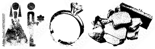 Vintage Halftone Wedding Couple, Engagement Ring, and Stone Heap Vector