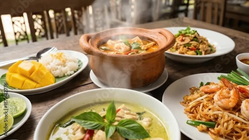 This vibrant and appetizing spread showcases a variety of traditional dishes laid out on a rustic wooden table in an inviting, open-air dining setting. Steam gently rises from a savory curry served in