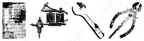 Vintage Abacus, Tattoo Machine, Wrench, Pliers Grunge Tool Set