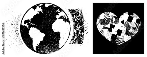 Halftone Globe and Heart Graphic with Dot Texture