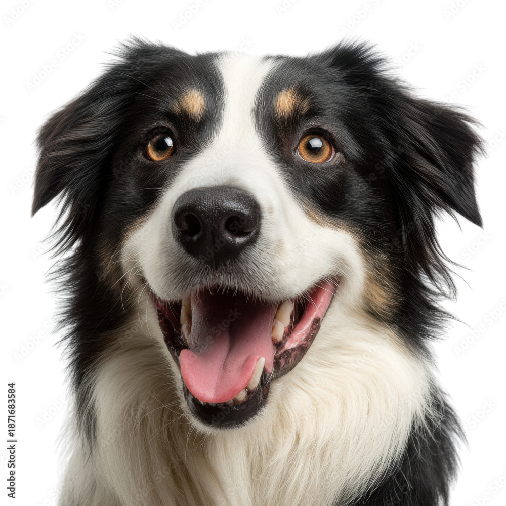 Fototapeta premium Border Collie's Charming Gaze: A close-up portrait showcases a charming Border Collie, its intelligent eyes and gentle smile radiating warmth and friendliness. 