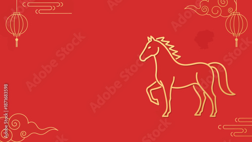 Elegant Outline Horse Illustration on Red Background.