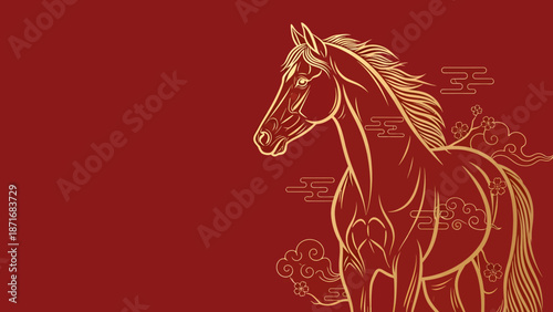 Elegant Horse Illustration with Chinese Cloud Motifs.
