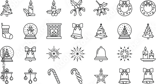 Christmas holiday icon collection with festive line art elements including trees, bells, candles, wreaths, snow globes, decorations, and winter celebration symbols