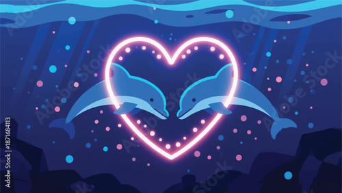 Illustration Of Two Dolphins Creating A Heart-Shaped Light Trail While Swimming, Deep Sea Background With Glowing Particles Vector Design Template