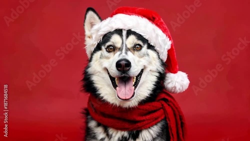 A happy husky dog wearing a red Santa hat and matching scarf, smiling at the camera against a vibrant red background.