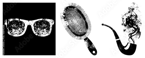 Vintage Sunglasses, Hairbrush, and Smoking Pipe in Grunge Vector Style