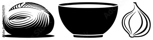 Black and White Vector of Onion, Bowl, and Garlic Clove