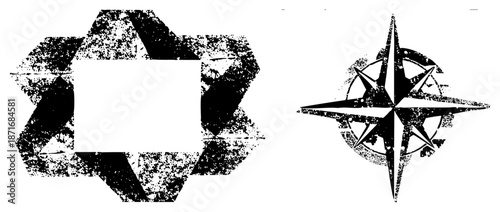 Grunge Textured Star and Compass Rose Symbols in Vector Design