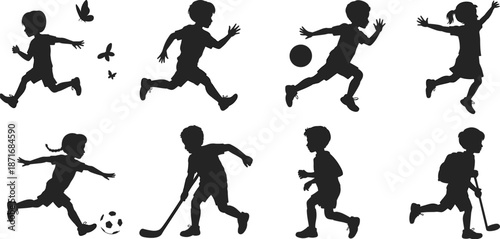 Children playing sports, running kids silhouettes, active childhood moments, outdoor fun, soccer, hockey, jumping, fitness, youth activity, summer playtime, energetic movement
