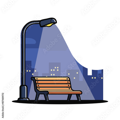 A bench under a streetlight at night