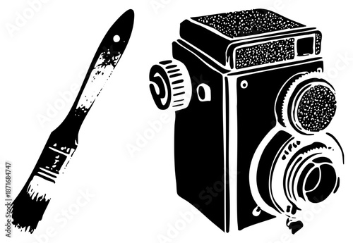 Vintage Film Camera and Paintbrush Artistic Tools