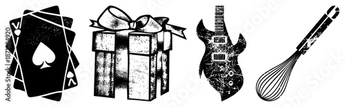 Vintage Playing Cards, Gift Box, Electric Guitar, and Whisk Vector