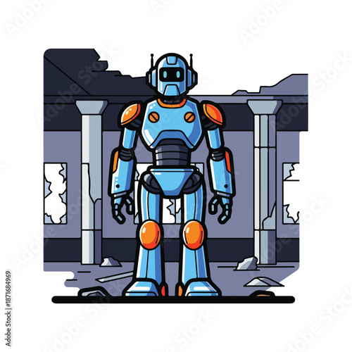 A blue robot with orange accents stands before a damaged building
