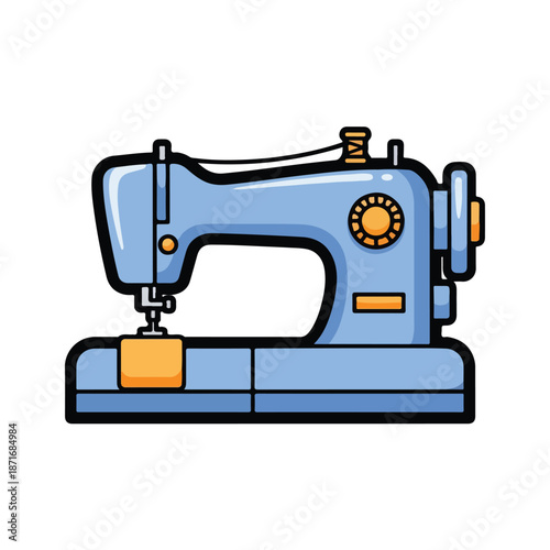 A blue sewing machine with orange accents on a white background