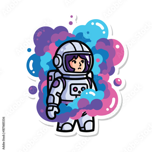 A cartoon astronaut in a spacesuit surrounded by colorful clouds