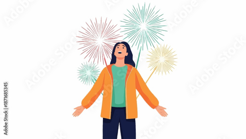 An excited person with outstretched arms looking up in awe at colorful fireworks exploding.