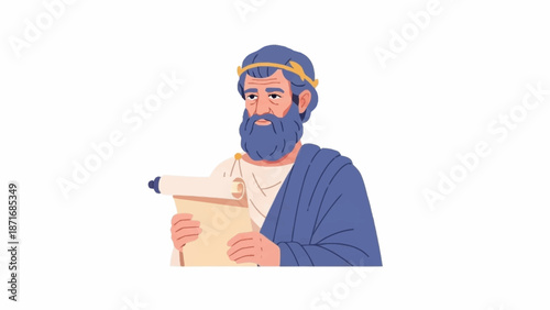 Stylized illustration of an ancient Greek man with a blue beard and laurel wreath holding a scroll.