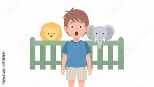 A surprised young boy looking at a cute lion and elephant peeking over a green fence.