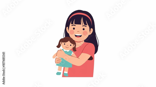A happy young girl with a headband smiles while gently holding her beloved doll.