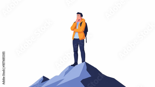 Thoughtful male hiker in a yellow jacket and backpack stands triumphantly on a mountain peak, contemplating the view.