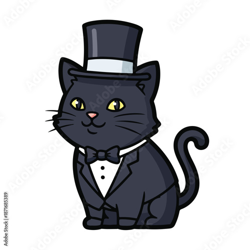 A cartoon black cat wearing a tuxedo and top hat
