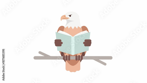 A stylized bald eagle illustration, with a white head and brown body, attentively reading an open book while perched on a simple branch.