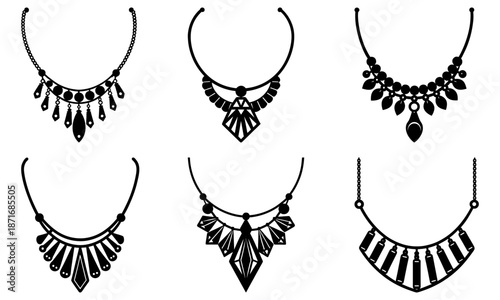 Six Black Jewelry Necklace Silhouettes on White Background