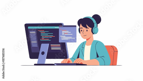 An illustration of a female developer wearing headphones, diligently typing code on a desktop computer with multiple windows open.