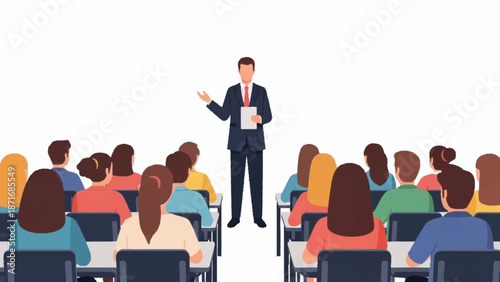 A male speaker in a suit addresses an attentive audience seated at desks during a presentation or lecture.