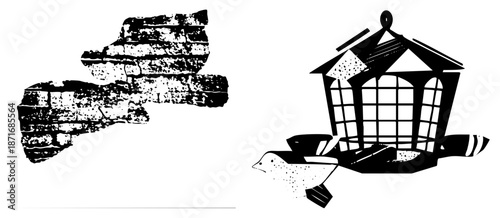 Vintage Bird Feeder and Weathered Brick Wall Silhouette