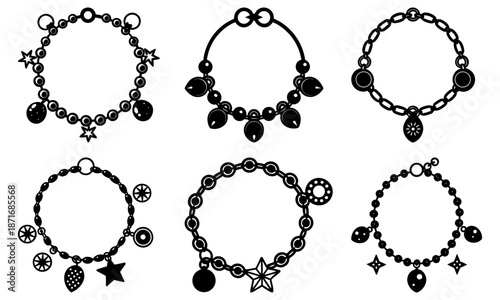 Set of six black and white charm bracelets with stars moons and geometric shapes on white background